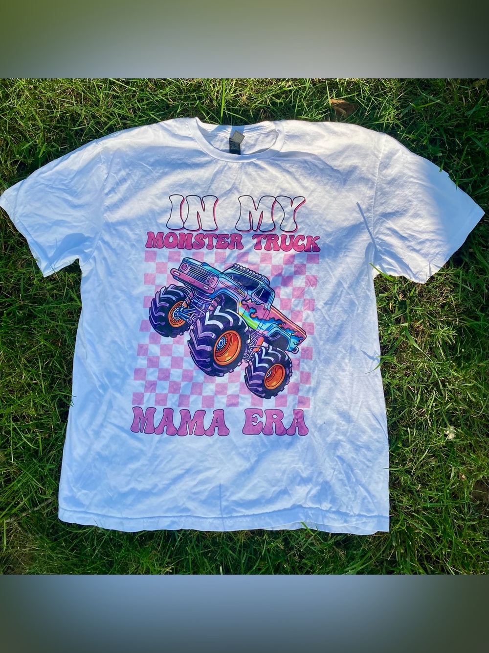 Western Campy Checkered Monster Truck Mama Graphic Tee with Pink Checkers